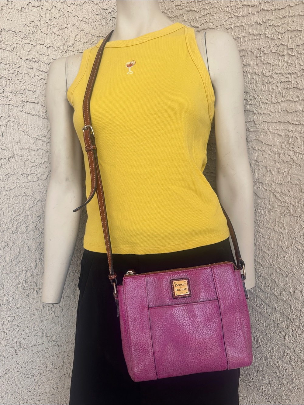 Dooney & Bourke Fuchsia Pebble Leather Crossbody with Brown Strap